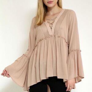 FOREVER 21 Nude Pink Bell Sleeve V-neck Mesh Detail Flowy Ruffle Boho Blouse